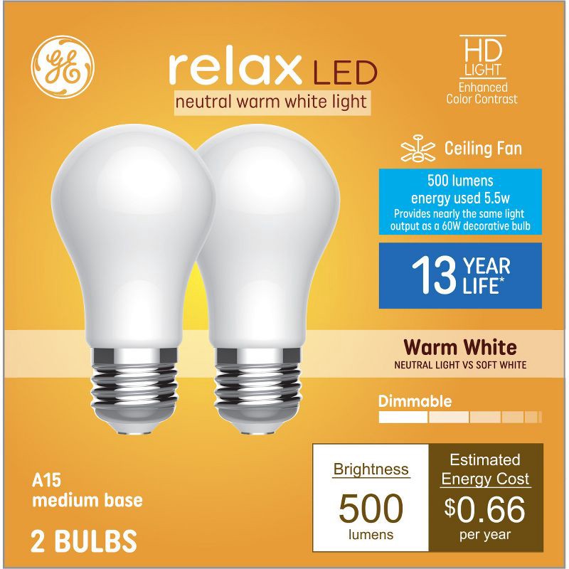 slide 1 of 8, GE Household Lighting GE 2pk 60W Relax A15 Medium Base LED Ceiling Fan Bulbs Warm White Light Bulbs, 2 ct