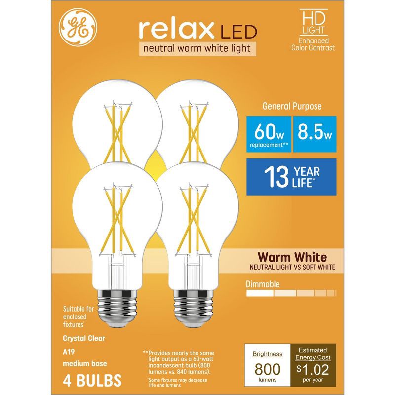 slide 1 of 10, GE Household Lighting GE 4pk 60W Relax A19 LED Light Bulbs Warm White, 4 ct