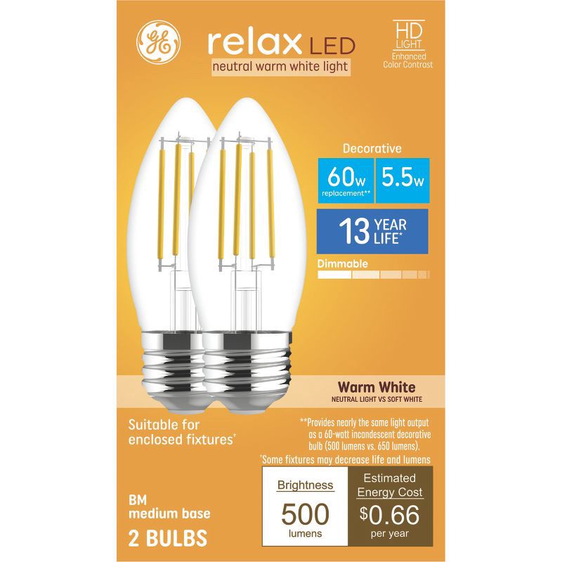 slide 1 of 8, GE Household Lighting GE 2pk Relax Warm White 60W BM Clear, 2 ct