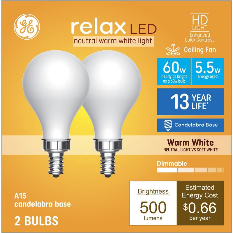 slide 1 of 9, GE Household Lighting GE 2pk 60W Relax A15 LED Ceiling Fan Bulbs Warm White, 2 ct