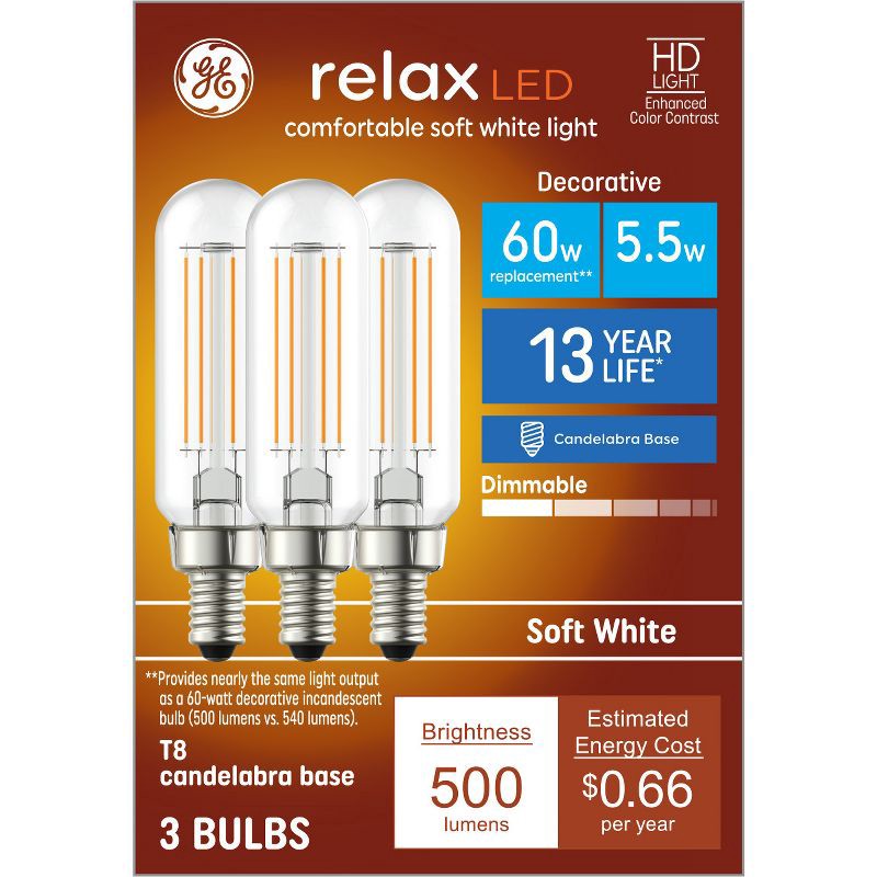slide 1 of 8, GE Household Lighting GE 3pk 60W Relax T8 LED Light Bulbs Soft White, 3 ct