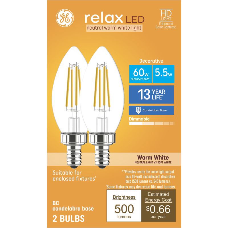 slide 1 of 11, GE Household Lighting GE 2pk Relax HD Warm White 60W B11 Clear, 2 ct