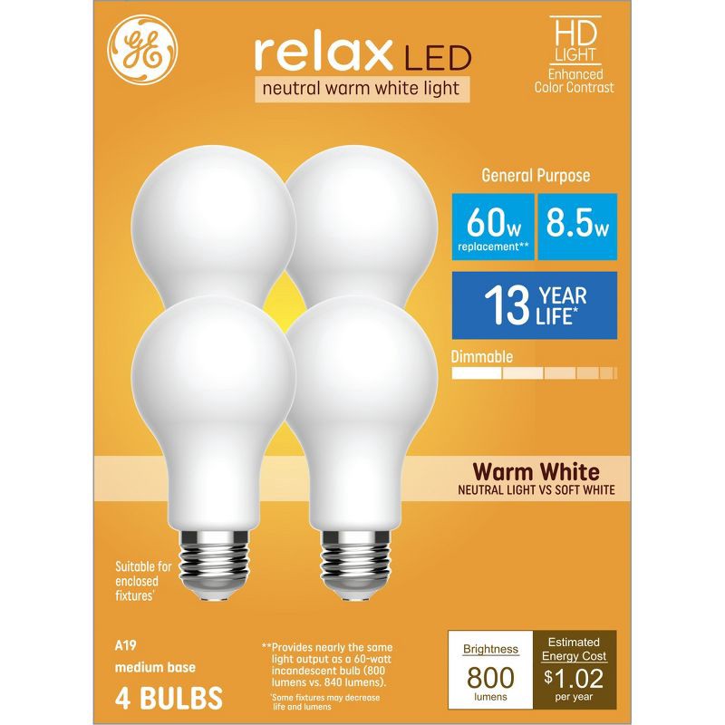slide 1 of 8, GE Household Lighting GE 4pk 60W Relax LED A19 Bulbs Warm White, 4 ct