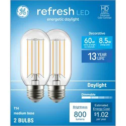 GE Household Lighting GE 2pk 60W Refresh T14 LED Light Bulbs Daylight