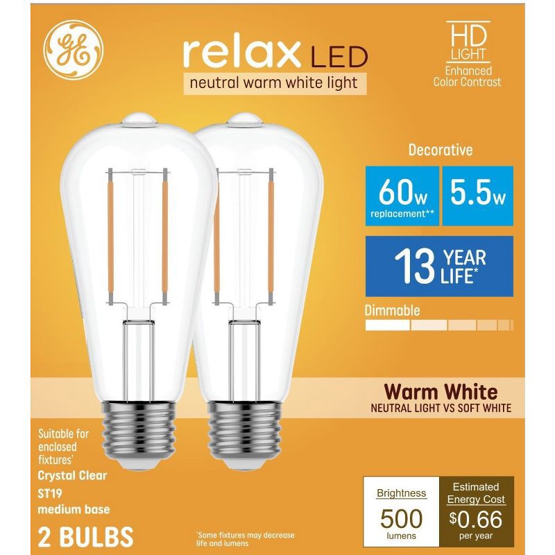 slide 1 of 10, GE Household Lighting GE 2pk 60W Relax ST19 LED Light Bulbs Warm White, 2 ct