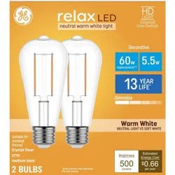 GE Household Lighting GE 2pk 60W Relax ST19 LED Light Bulbs Warm White
