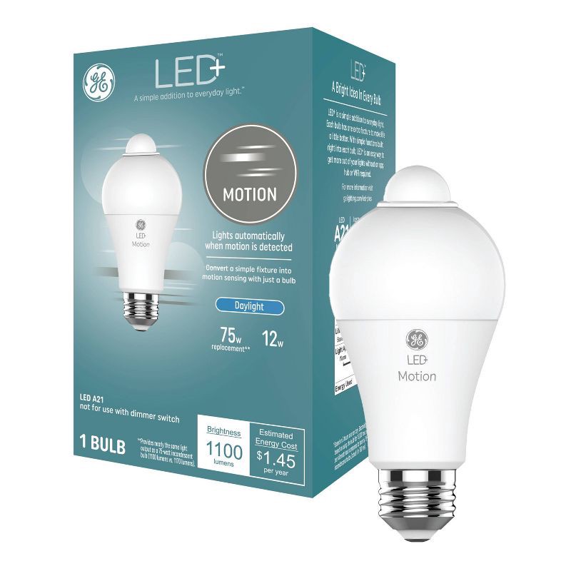 slide 1 of 7, GE Household Lighting GE LED+ Motion A21 LED Light Bulb Daylight, 1 ct