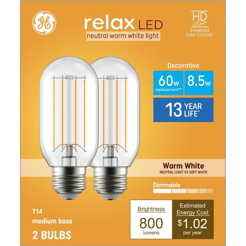 slide 1 of 8, GE Household Lighting GE 2pk 60W Relax T14 LED Light Bulbs Warm White, 2 ct