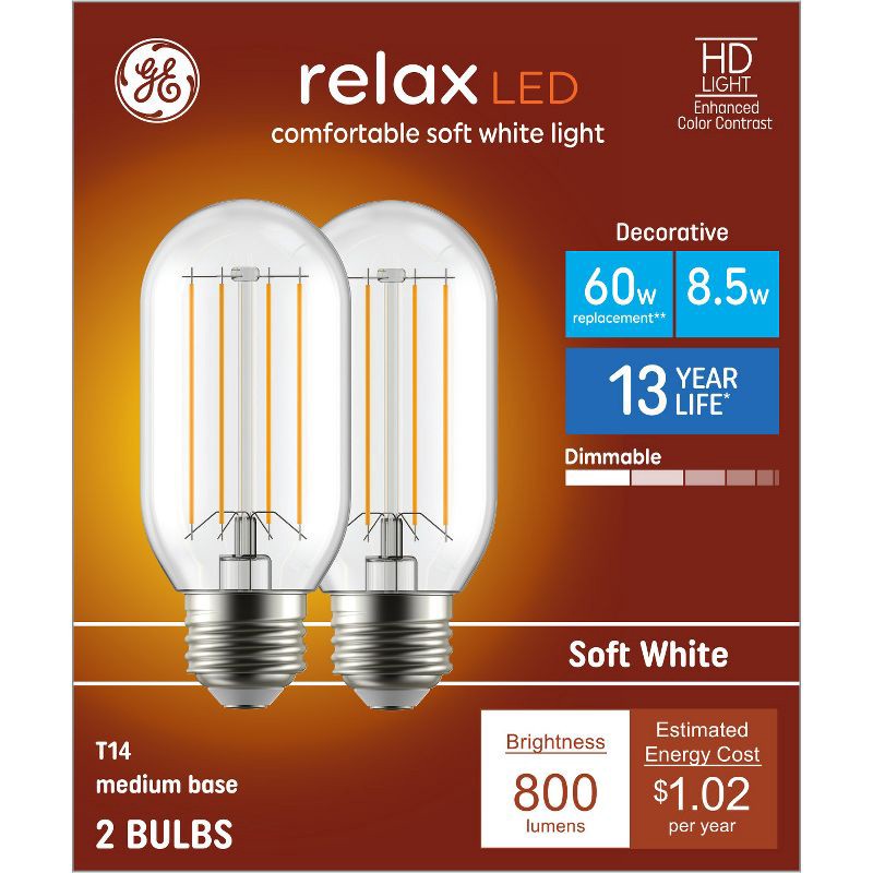 slide 1 of 8, GE Household Lighting GE 2pk 60W Relax T14 LED Light Bulbs Soft White, 2 ct