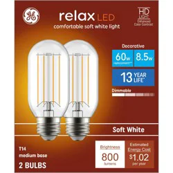GE Household Lighting GE 2pk 60W Relax T14 LED Light Bulbs Soft White