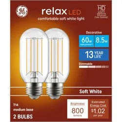 GE Household Lighting GE 2pk 60W Relax T14 LED Light Bulbs Soft White