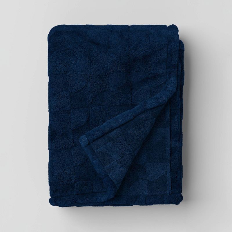 slide 1 of 5, Geometric Jacquard Faux Shearling Throw Blanket Navy - Room Essentials™: Lightweight, 50x60", Knitted, Machine Washable, 1 ct