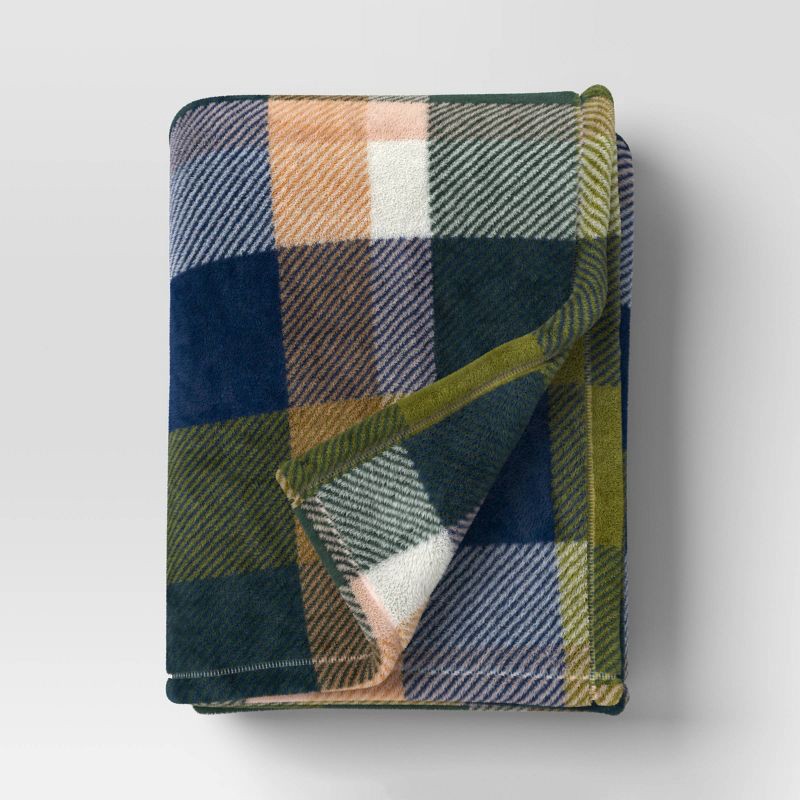 slide 1 of 5, Printed Plaid Plush Throw Blanket Green Multi - Room Essentials™, 1 ct