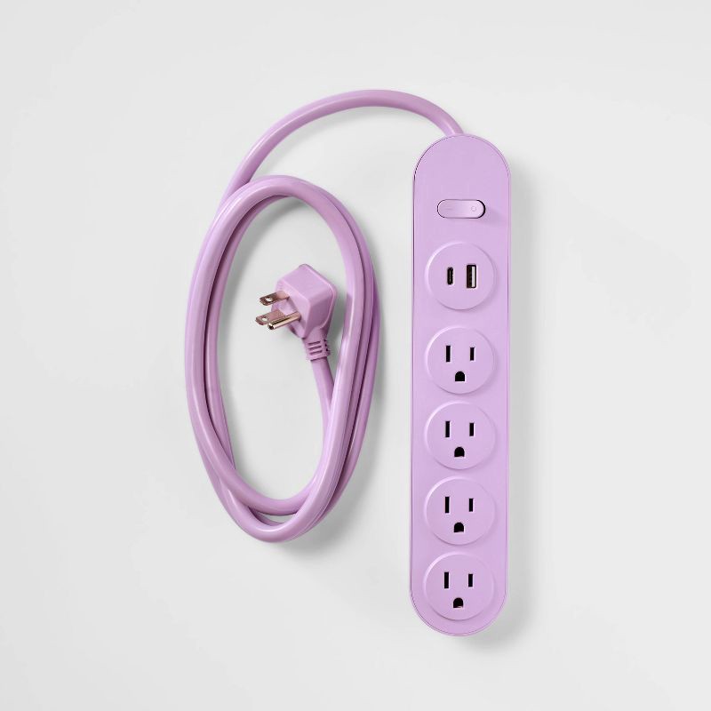 slide 1 of 3, 6' 4-Outlet Power Strip Extension Cord with USB and USB-C Ports Purple - heyday™: Indoor Flat Extension Cord, 15A, 6ft, 6 ft