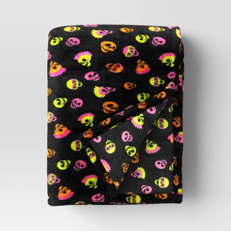 slide 1 of 4, Skull Printed Plush Halloween Throw Blanket Black - Hyde & EEK! Boutique™: Recycled Polyester, Knitted, 50x60", Machine Washable, 1 ct