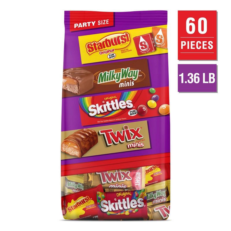 slide 2 of 9, Mars Twix, Skittles, Starburst, & Milky Way Variety Candy Assortment, Party Size - 21.82oz/60ct Bulk Bag, 21.82 oz, 60 ct