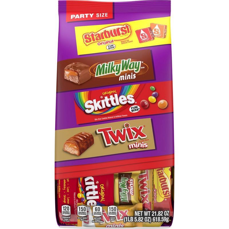 slide 1 of 9, Mars Twix, Skittles, Starburst, & Milky Way Variety Candy Assortment, Party Size - 21.82oz/60ct Bulk Bag, 21.82 oz, 60 ct