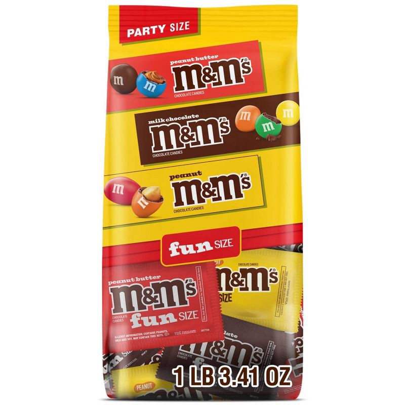 slide 1 of 8, M&M's Milk Chocolate, Peanut & Peanut Butter Candy Fun Size Variety Pack, Party Size - 19.41 Oz Bulk Bag, 19.41 oz