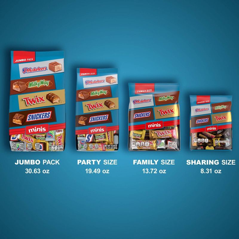 slide 10 of 11, Mars Snickers, Twix, Milky Way, & 3 Musketeers Minis Chocolate Candy Bars - 19.49oz Bulk Bag, 19.49 oz