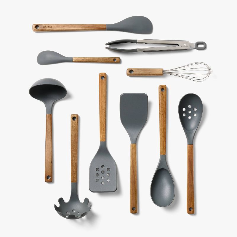 slide 1 of 4, 10pc Wood/Nylon Kitchen Utensil Set Gray - Figmint™: Silicone Cooking Utensils, Adult Kitchen Tool Collection, 10 ct