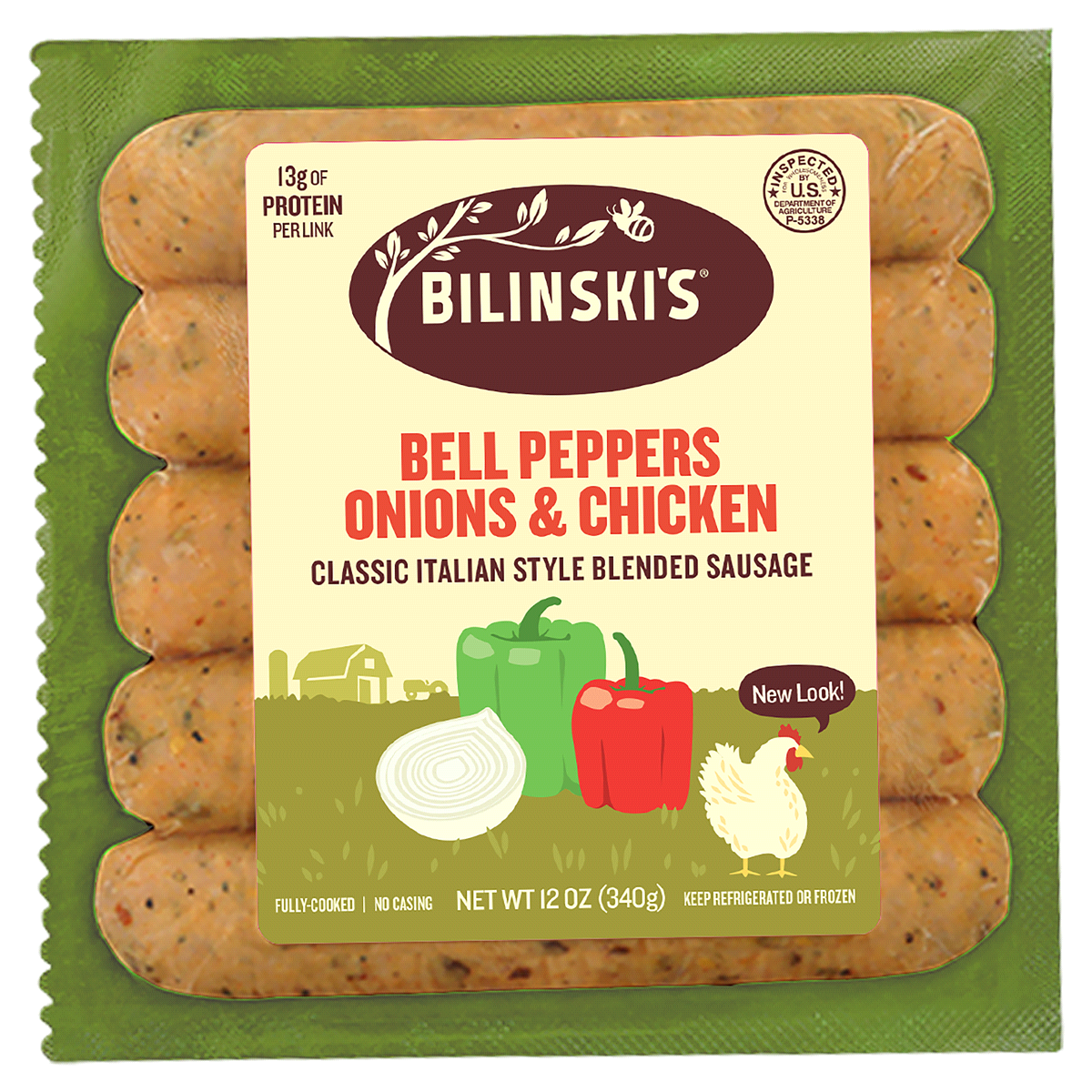 slide 1 of 1, Bilinski's All Natural Chicken Sausage With Peppers And Onions, 12 oz