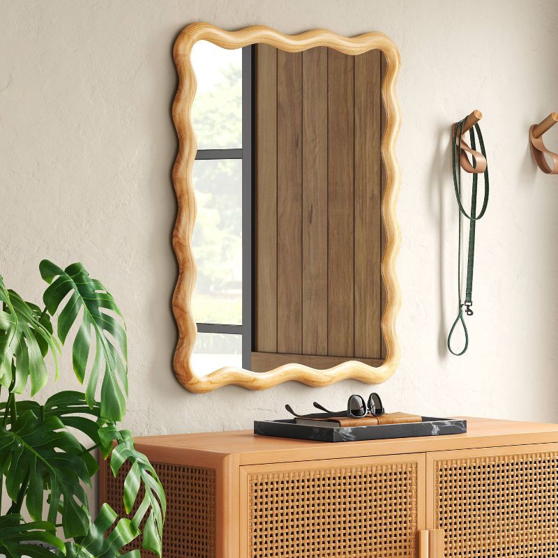 slide 2 of 4, 24"x 30" Scalloped Wall Mirror Natural Wood - Threshold™: Modern Style, Rectangle Shape, Wood Frame, Wall Mount, 1 ct