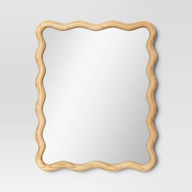 slide 1 of 4, 24"x 30" Scalloped Wall Mirror Natural Wood - Threshold™: Modern Style, Rectangle Shape, Wood Frame, Wall Mount, 1 ct