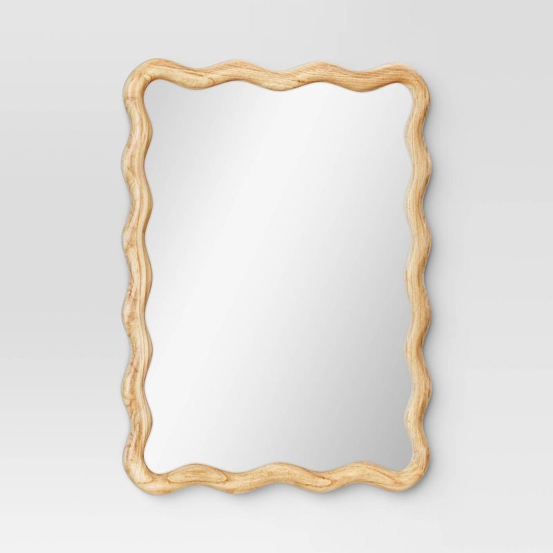 slide 3 of 4, 24"x 30" Scalloped Wall Mirror Natural Wood - Threshold™: Modern Style, Rectangle Shape, Wood Frame, Wall Mount, 1 ct