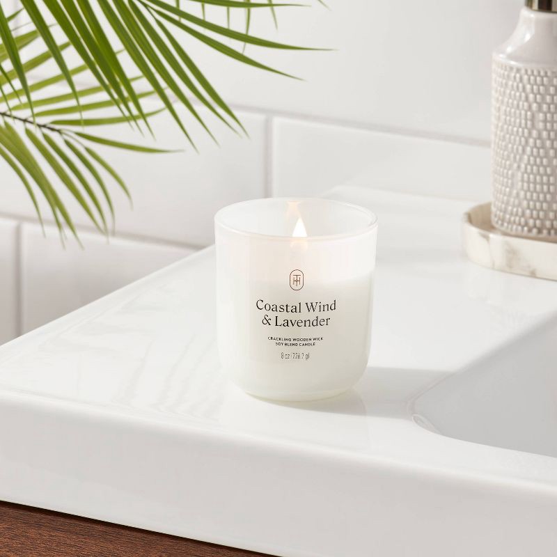 slide 2 of 3, Milky Glass Wooden Wick Coastal Wind and Lavender Jar Candle 8oz - Threshold™, 8 oz