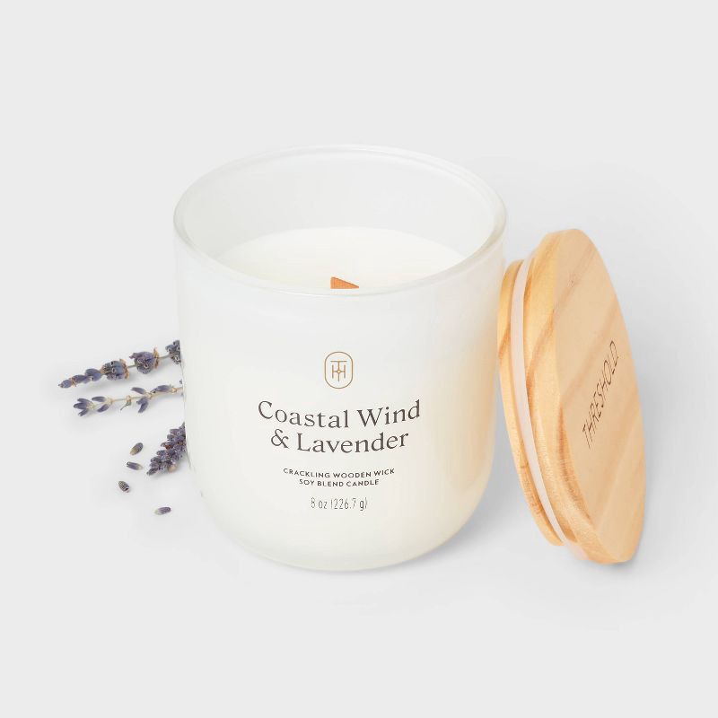 slide 3 of 3, Milky Glass Wooden Wick Coastal Wind and Lavender Jar Candle 8oz - Threshold™, 8 oz
