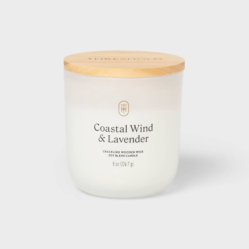 slide 1 of 3, Milky Glass Wooden Wick Coastal Wind and Lavender Jar Candle 8oz - Threshold™, 8 oz