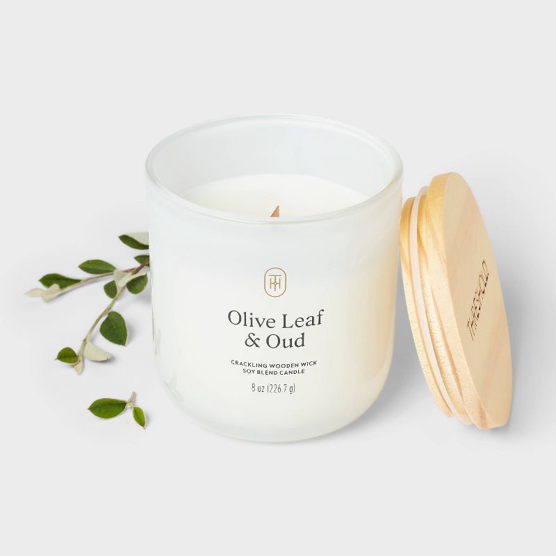 slide 3 of 3, Milky Glass Wooden Wick Olive Leaf and Oud Jar Candle 8oz - Threshold™, 8 oz