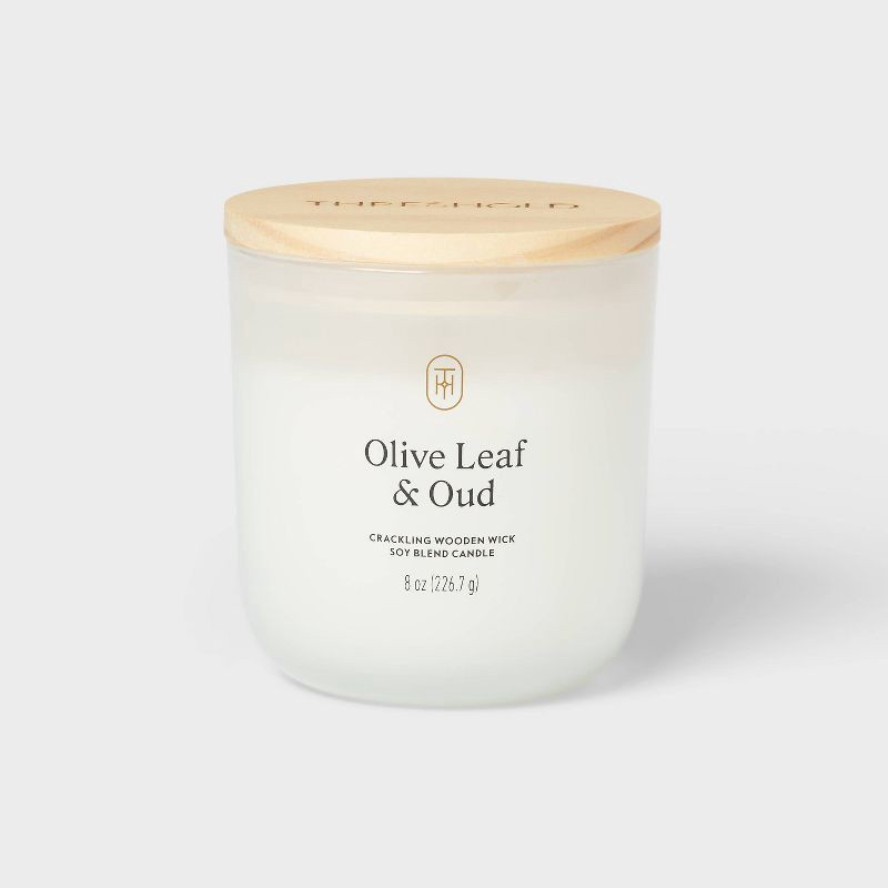 slide 1 of 3, Milky Glass Wooden Wick Olive Leaf and Oud Jar Candle 8oz - Threshold™, 8 oz