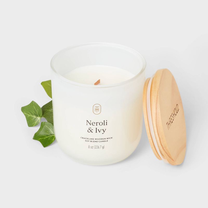 slide 3 of 3, Milky Glass Wooden Wick Neroli and Ivy Jar Candle 8oz - Threshold™, 8 oz