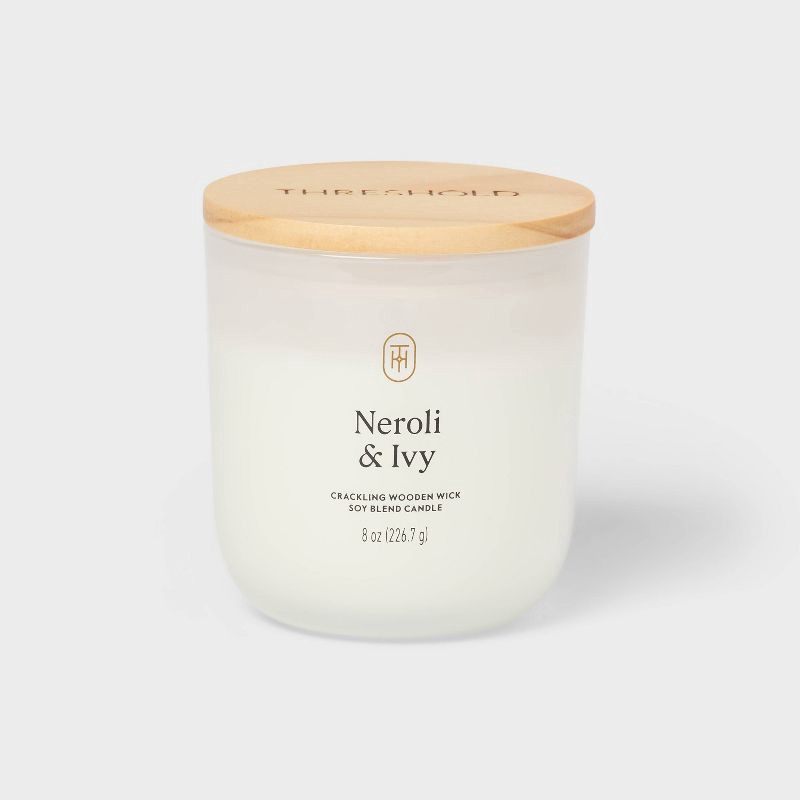 slide 1 of 3, Milky Glass Wooden Wick Neroli and Ivy Jar Candle 8oz - Threshold™, 8 oz