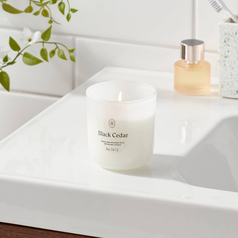 slide 2 of 3, Milky Glass Wooden Wick Black Cedar Jar Candle 8oz - Threshold™, 8 oz