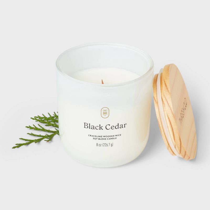 slide 3 of 3, Milky Glass Wooden Wick Black Cedar Jar Candle 8oz - Threshold™, 8 oz