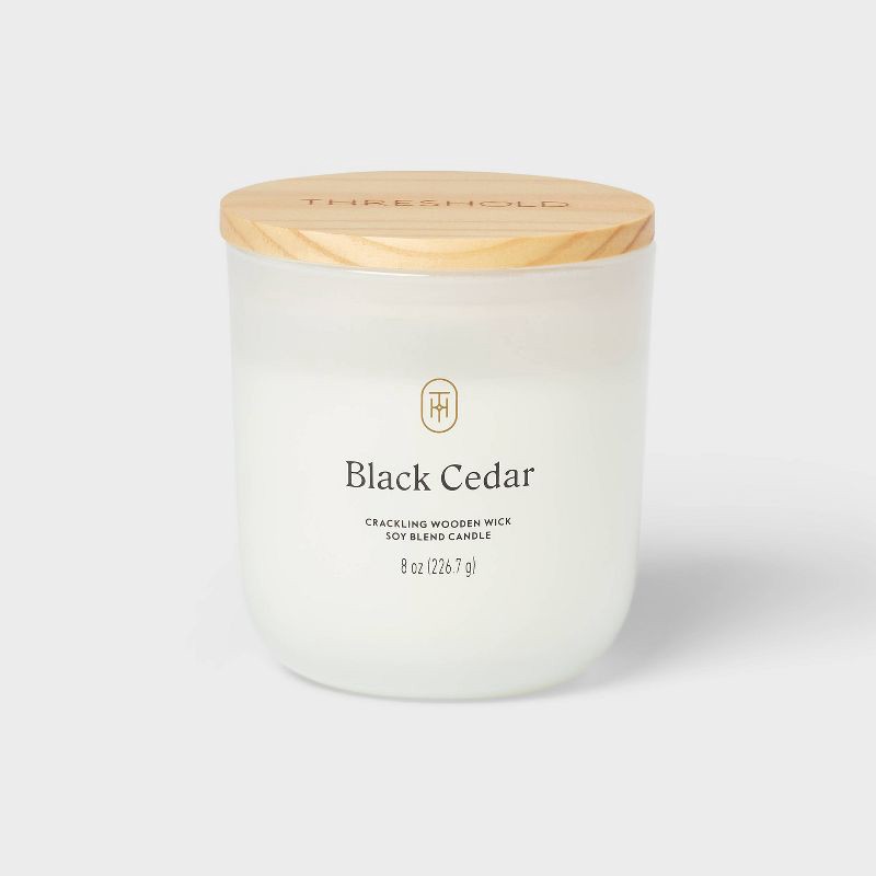 slide 1 of 3, Milky Glass Wooden Wick Black Cedar Jar Candle 8oz - Threshold™, 8 oz