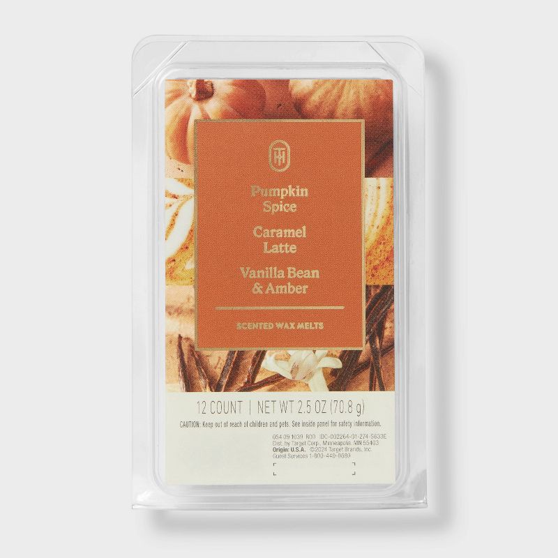 slide 1 of 3, 12ct Fall Pumpkin Spice, Caramel Latte and Vanilla Bean and Amber Wax Melts - Threshold™, 12 ct