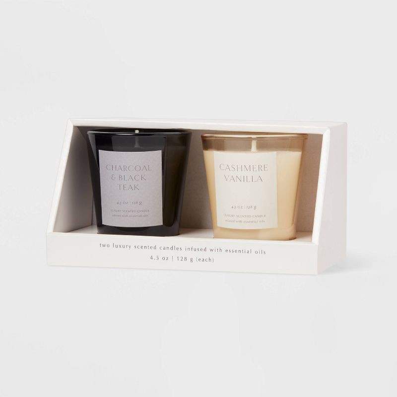 slide 1 of 3, 2pk 4.5oz Gift Set Cashmere Vanilla and Charcoal and Black Teak Votive Candle - Threshold™, 2 ct; 4.5 oz
