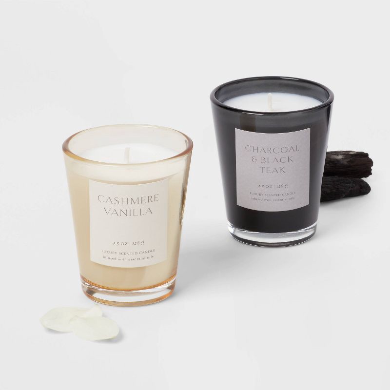 slide 3 of 3, 2pk 4.5oz Gift Set Cashmere Vanilla and Charcoal and Black Teak Votive Candle - Threshold™, 2 ct; 4.5 oz