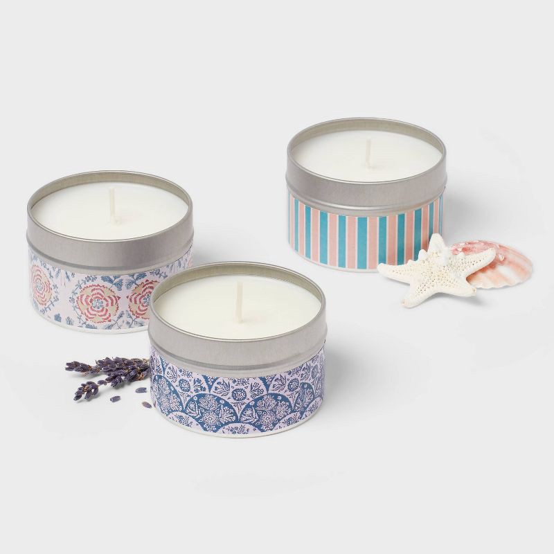 slide 3 of 3, 3pk Gift Set Lavender Shores, Driftwood and Sea Salt, and Wild Hibiscus Sangria Tin Candle 12.3oz - Threshold™, 3 ct, 12.3 oz