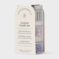 3pk Gift Set Lavender Shores, Driftwood and Sea Salt, and Wild Hibiscus Sangria Tin Candle 12.3oz - Threshold™