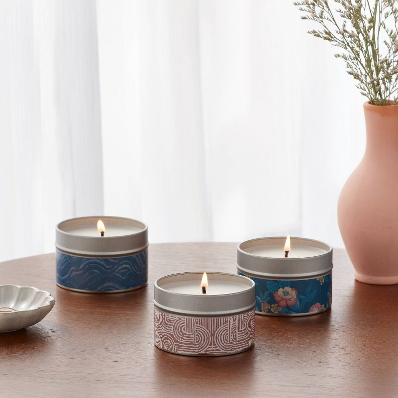 slide 2 of 3, 3pk Gift Set Cozy Nights, Blushing Amber, and Island Moonlight Tin Candle 12.3oz - Threshold™, 3 ct, 12.3 oz