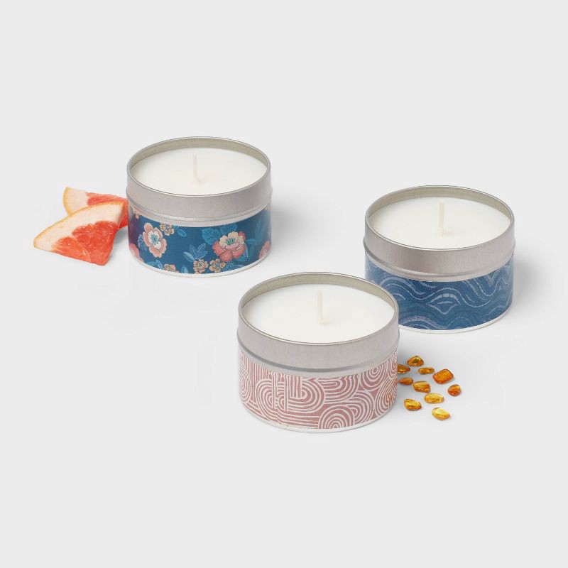 slide 3 of 3, 3pk Gift Set Cozy Nights, Blushing Amber, and Island Moonlight Tin Candle 12.3oz - Threshold™, 3 ct, 12.3 oz