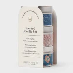3pk Gift Set Cozy Nights, Blushing Amber, and Island Moonlight Tin Candle 12.3oz - Threshold™