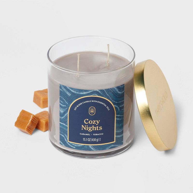 slide 3 of 3, 2-Wick Lidded Glass Jar Candle Cozy Nights 15.1oz - Threshold™, 15.1 oz