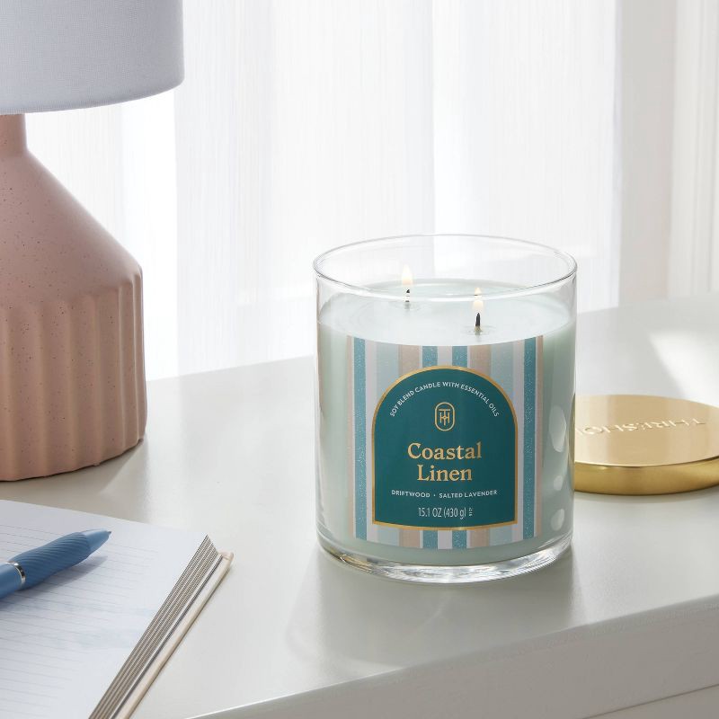 slide 2 of 3, 2-Wick Lidded Glass Jar Candle Coastal Linen 15.1oz - Threshold™, 15.1 oz