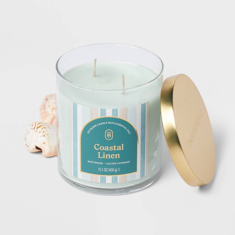 slide 3 of 3, 2-Wick Lidded Glass Jar Candle Coastal Linen 15.1oz - Threshold™, 15.1 oz