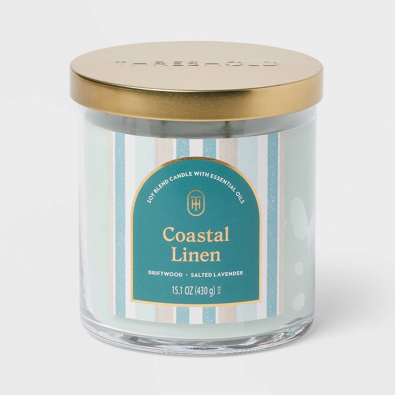 slide 1 of 3, 2-Wick Lidded Glass Jar Candle Coastal Linen 15.1oz - Threshold™, 15.1 oz